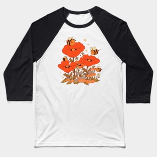 Cute bumblebees with poppy flowers vintage Cottagecore Aesthetic Baseball T-Shirt